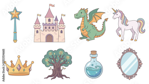 Magical fantasy set with wizard wand castle dragon unicorn crown tree potion and mirror.