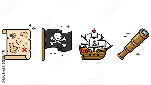 Canvas Print Pirate adventure treasure hunt icons with map jolly roger flag sailing ship and telescope