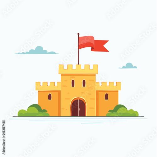 Cartoon Castle with Red Flag and Clouds