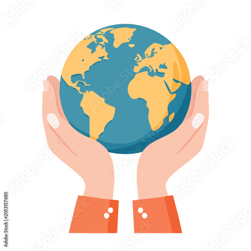 Hands holding planet Earth in flat design style