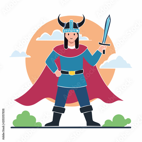 Viking Warrior with Sword and Horned Helmet