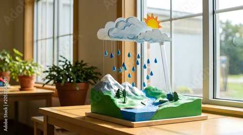 Colorful Weather Model Scene with Cloud Rain Sun and Mountains