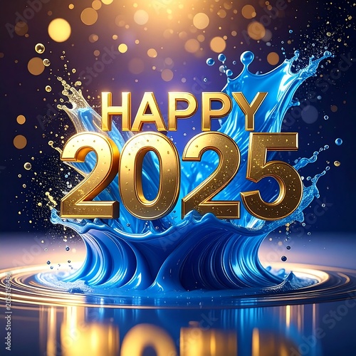 Celebratory New Year 2025 sparkling champagne glass.