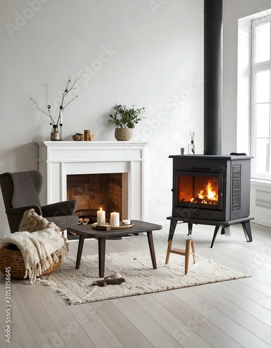 Modern living room with fireplace and neutral decor.