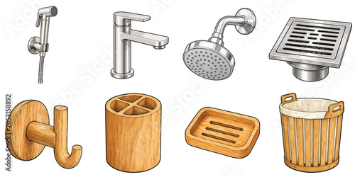 Bathroom Accessories Collection with Bidet Spray Faucet Shower Head Floor Drain Towel Hook Toothbrush Holder Soap Dish and Laundry Basket