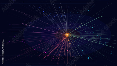 Photos Abstract digital explosion of colorful lines and dots radiating from a bright ce