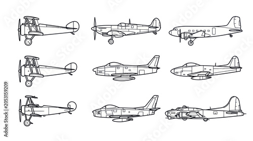 Фотография Vintage and Modern Aircraft Line Drawings Collection