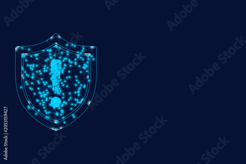 Glowing blue digital shield with an exclamation mark symbol and network connections