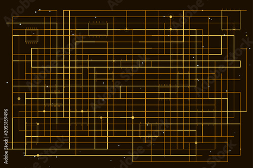 Glowing golden circuit board lines and nodes create a complex digital network pattern