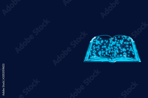 Open glowing book with blue digital network data flowing out from pages