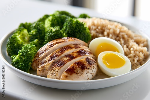 Healthy eating meal prep, grilled chicken breast with broccoli, brown rice, and boiled egg for balanced nutrition

