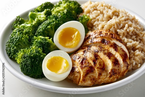 Grilled Sliced Chicken Breast with Brown Rice, Steamed Broccoli and Soft Boiled Egg in White Bowl, Healthy Meal Prep