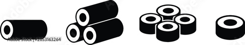 Sushi Roll Icon Set | Japanese Maki Silhouette Vector Illustration. Industrial Pipe and Tube Icons – Cylindrical Metal Rings Silhouette