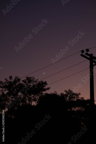 Crescent Moon in Pre-Dawn Sky with Utility Pole Silhouette, São Roque, Brazil