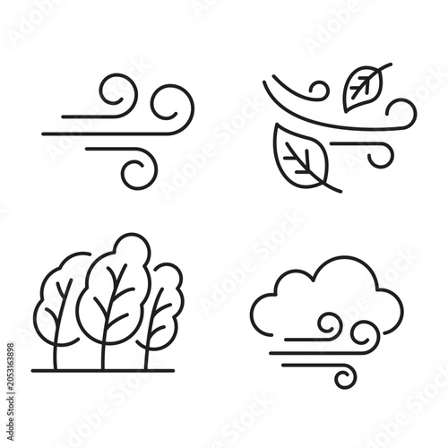 Minimal wind line icons vector set. Windy breeze, flying leaves, forest trees, and cloud weather sign.