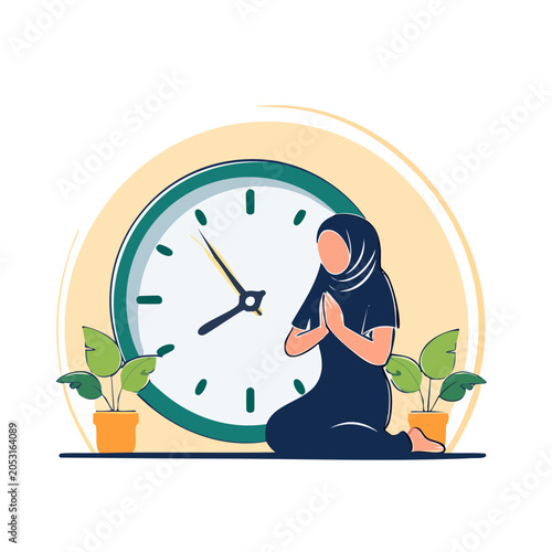 Woman in hijab praying in front of a clock