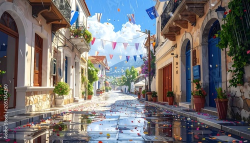 Mediterranean alleyway with colorful doors and plants.