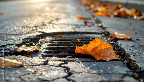 Autumn leaves scattered on cobblestone path.