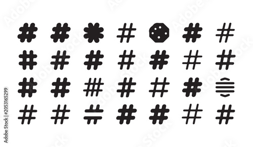Creative hashtag variations and geometric icons for social media branding and digital design.
