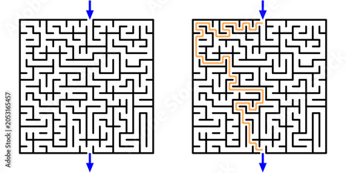 Labyrinth Square maze, simple logic game. Find exit path. Logic labyrinth challenge isolated vector illustration