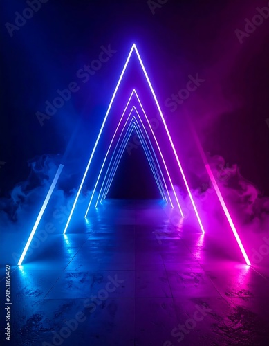 Abstract geometric light beam structure in dark space.