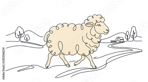 Foto Single Line Drawing Sheep Walking in Rural Landscape with Farm Barn