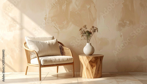 Cozy Corner: A minimalist armchair with plush cushions sits beside a unique wooden side table adorned with a simple vase of dried flowers, bathed in the soft.
