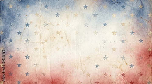 Vintage American flag pattern background for Independence Day. Distressed paper texture with stars, red and blue colors for patriotic holiday celebration and United States heritage