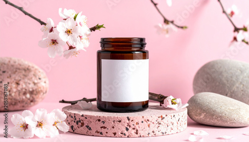 Serene Product Display: A clean, minimalist display featuring a dark amber glass jar with a blank white label, set against a soft pink background adorned with delicate cherry blossoms and smooth.