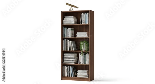 Modern wooden bookcase furniture filled with books and home decor on white background