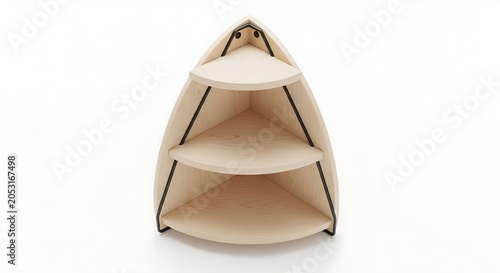 Modern minimalist wooden corner shelf furniture with three tiers isolated on white background