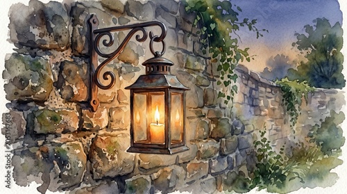 watercolor Vintage lantern illuminating rustic stone wall with ivy in enchanting twilight setting watercolor. concept of rustic decor, historical charm, serene evening ambiance.