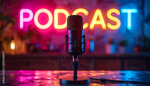 Podcast recording studio with city view backdrop.
