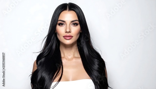 Portrait of a woman with long dark hair and neutral expression.