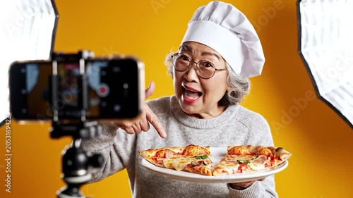 Excited senior Asian woman chef holding a plate of pizza while recording a social media video with a smartphone in a bright studio
