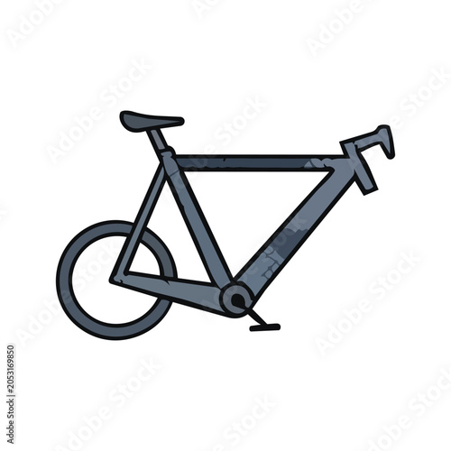 A stylized illustration of a dark gray bicycle with a minimalist frame and a single pedal visible.