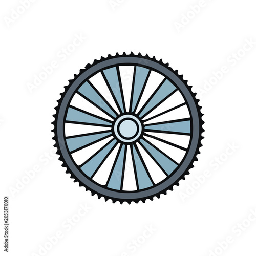 A stylized illustration of a bicycle's front sprocket with many teeth.
