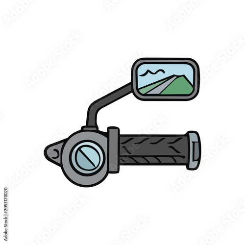 A close-up illustration of a motorcycle's handlebar grip and rearview mirror, reflecting a scenic road.