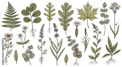 Photos Vintage botanical illustration set, hand drawn forest leaves and wild flowers ve