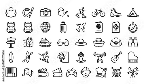 Tablou pe pânză Modern hobbies and travel outline icon collection with leisure activity vectors