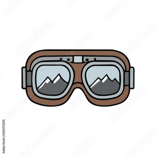 Vintage aviator goggles with mountain reflections in the lenses, featuring a brown leather frame and silver accents.