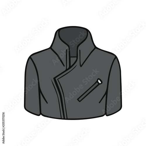 A simple vector illustration of a dark grey or black leather jacket with an asymmetrical zipper and collar.