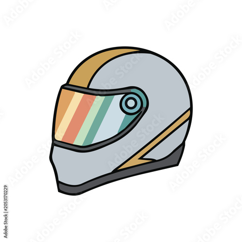A cartoon illustration of a grey motorcycle helmet with a gold stripe and a rainbow-tinted visor, depicted in a side profile.