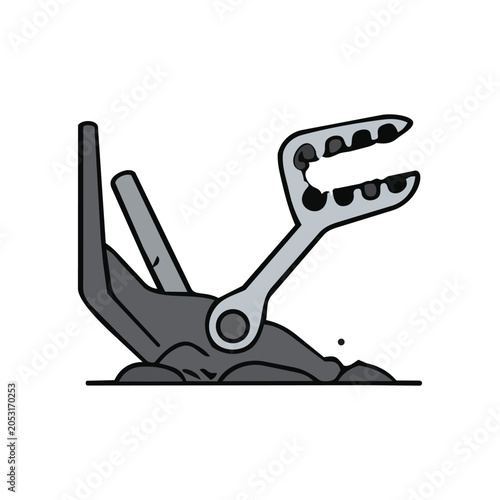 Stylized illustration of a mechanical grabber or claw emerging from a pile of dirt.