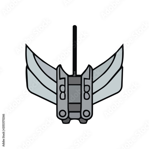 A stylized illustration of a futuristic silver mechanical wing with a central grey component and a black rod extending upwards.