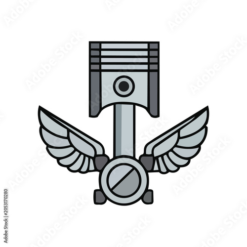 Stylized grey engine piston with spread wings, depicted as a mechanical emblem or logo on a white background.