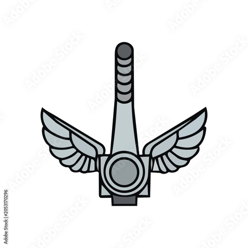 Stylized industrial chimney with wings, representing progress or environmental impact.