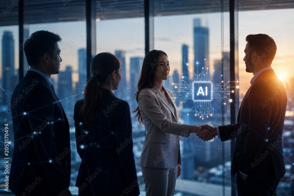 Obraz premium AI generated business leaders forming strategic partnership supported by artificial intelligence technology digital networks innovation modern corporate environment