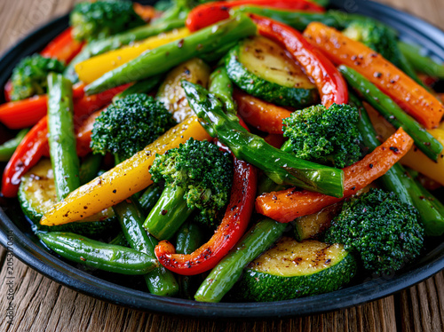 Close-up commercial food photography of vibrant roasted mixed vegetables including broccoli, bell peppers, and zucchini on a black plate created with Generative AI Technology, ai, generative