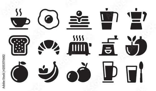 Bild auf Leinwand Coffee and breakfast silhouettes showcasing espresso makers toaster fruit and morning drinks